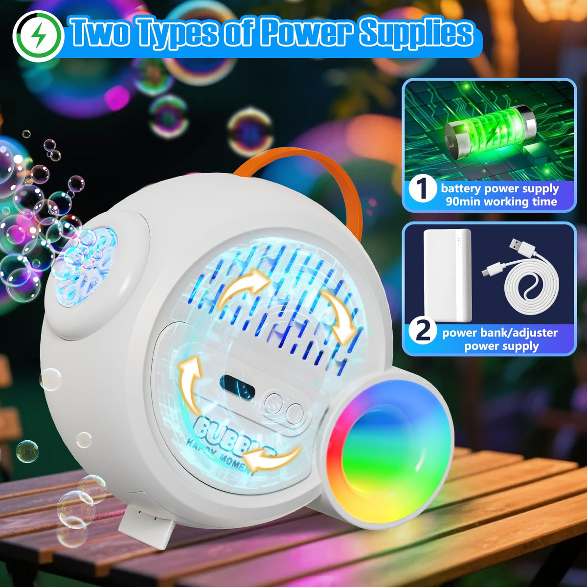 IFLOVE Bubble Machine with ergonomic handle and two-button controls for kids.
