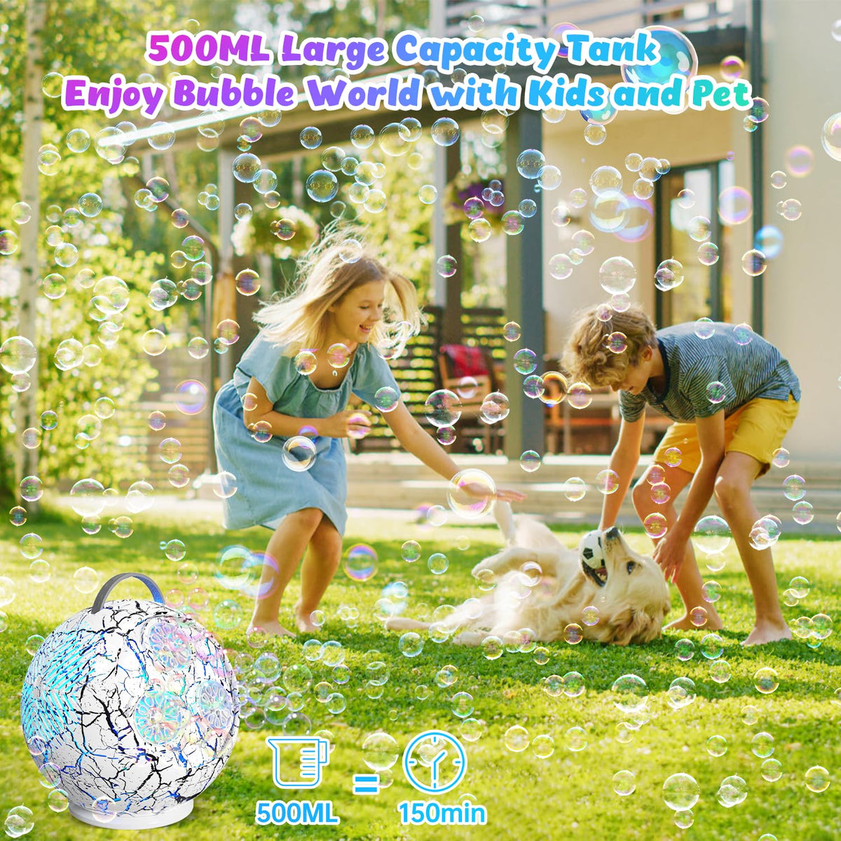 IFLOVE Bubble Machine portable design with ergonomic handle for easy carrying by kids.