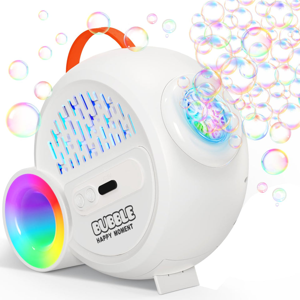 IFLOVE Bubble Machine with RGB light creating colorful bubbles for kids' parties.