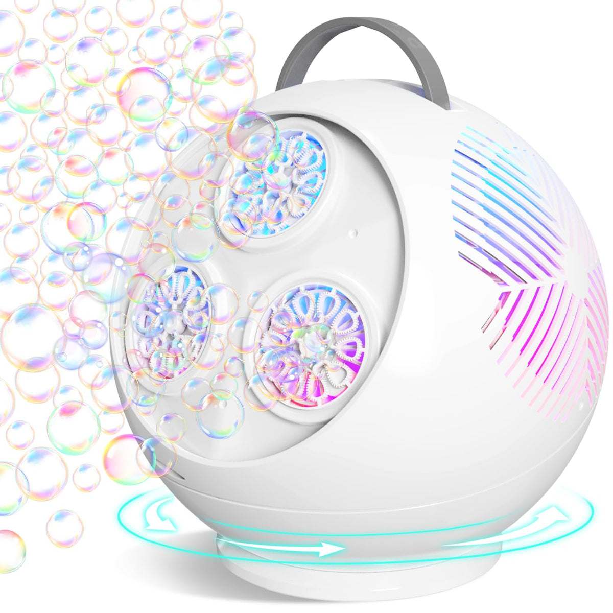 IFLOVE bubble machine top view showing 360° rotation for outdoor play