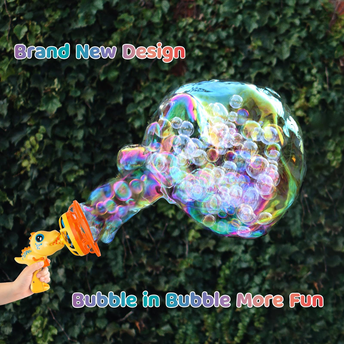 IFLOVE dinosaur bubble blower kids playing with colorful bubbles at home.