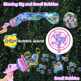 IFLOVE Dinosaur Bubble Gun in action with kids chasing bubbles outdoors