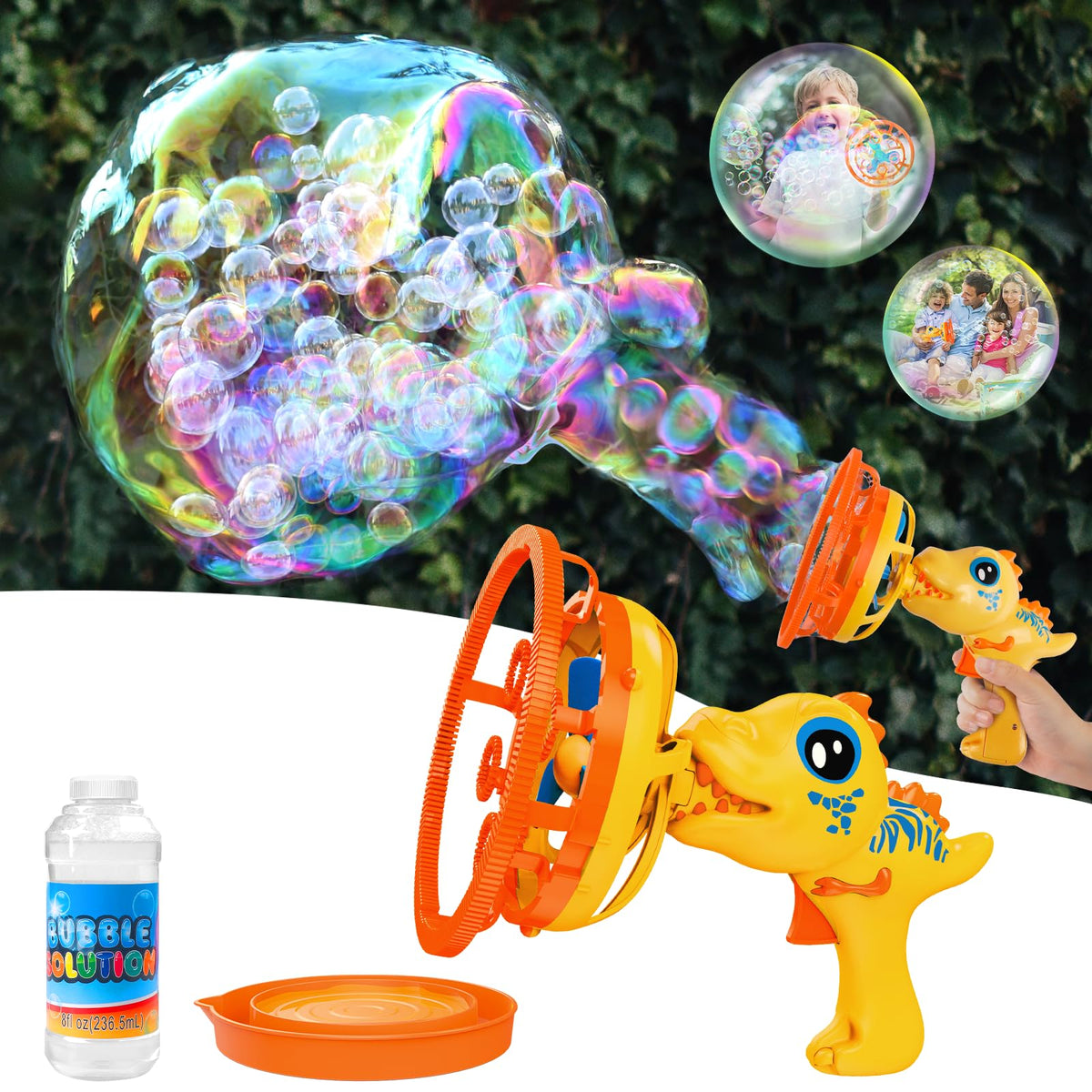 IFLOVE dinosaur bubble gun closeup highlights kid-friendly design for imaginative play.