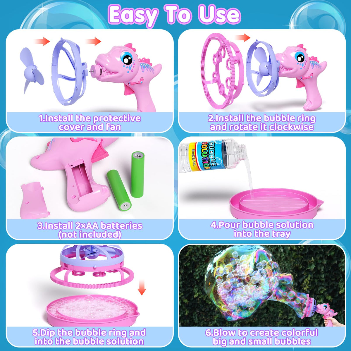IFLOVE Dinosaur Bubble Gun wand detail demonstrating simple one-button operation