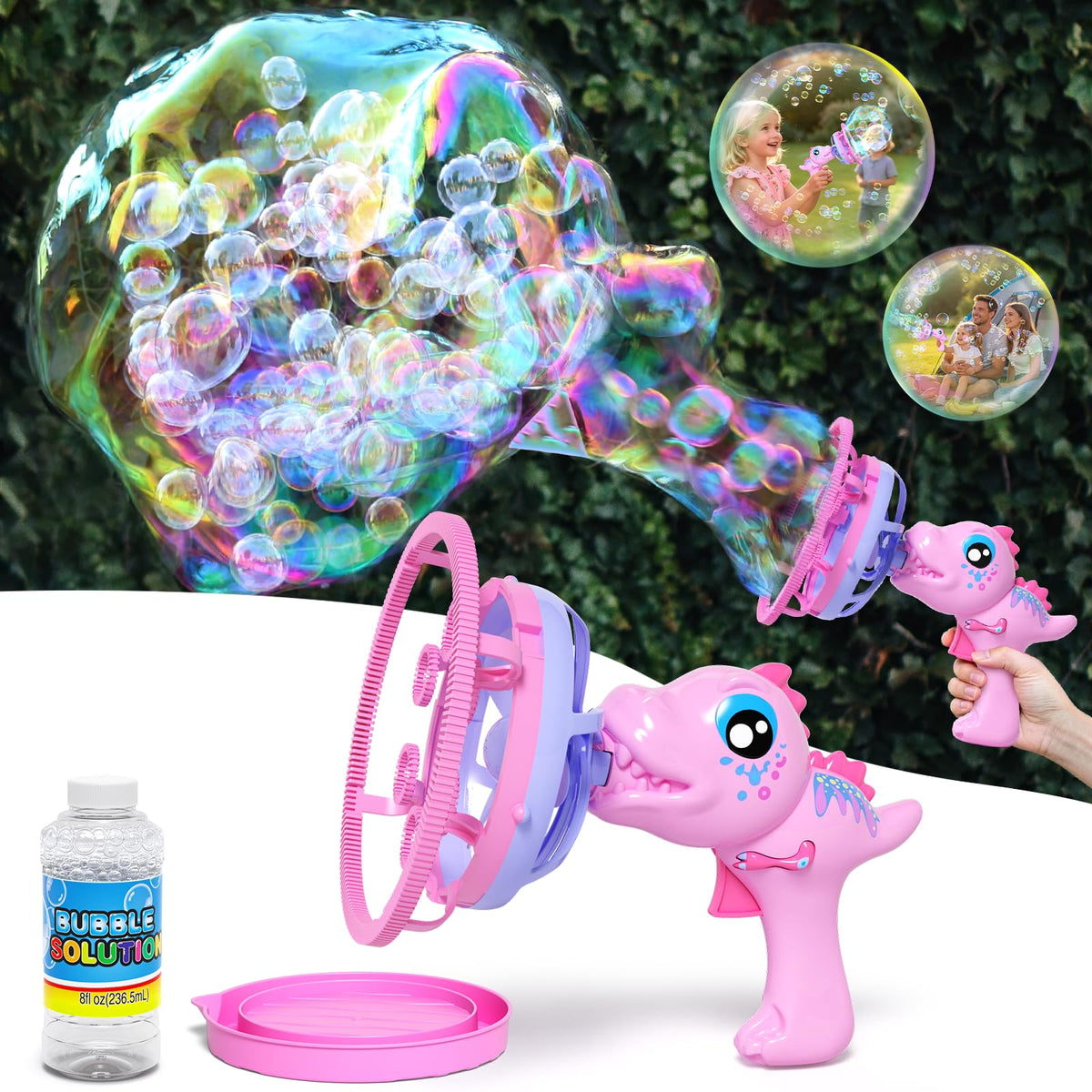 IFLOVE Dinosaur Bubble Gun front view showing vibrant bubbles for outdoor fun