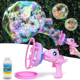 IFLOVE Dinosaur Bubble Gun front view showing vibrant bubbles for outdoor fun