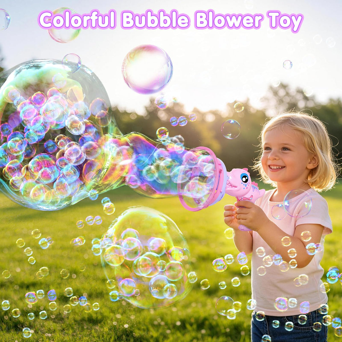 IFLOVE Dinosaur Bubble Gun side view highlighting bubble-in-bubble magic for playtime
