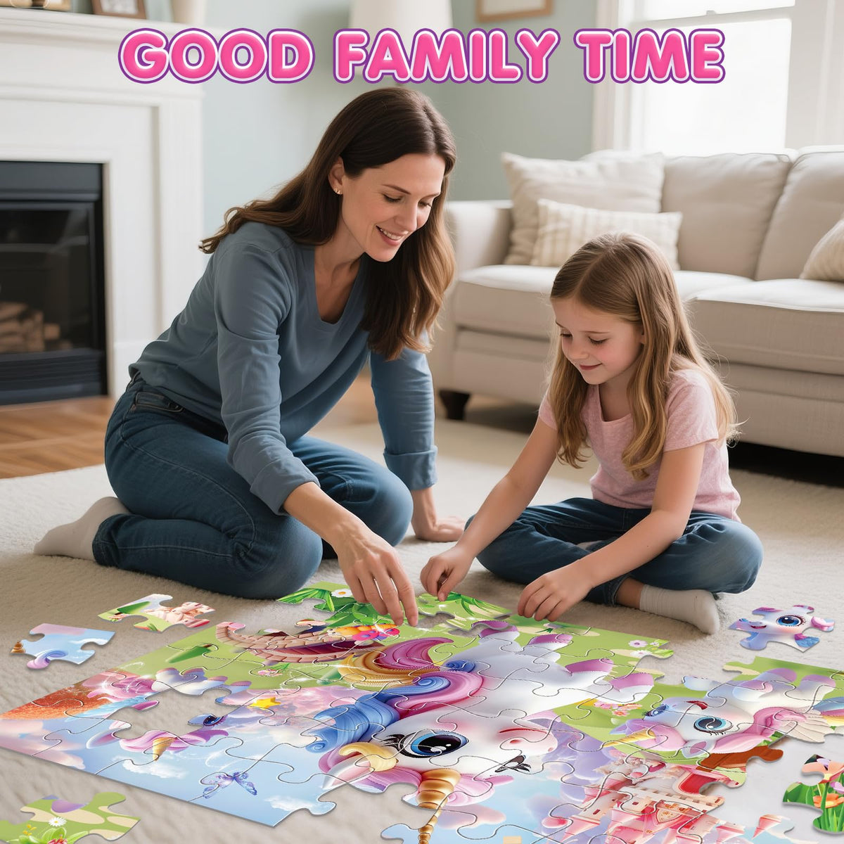 IFLOVE family game night setup with unicorn puzzle promoting cooperative play.