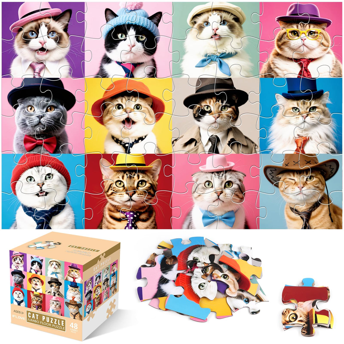 IFLOVE jumbo cat puzzle 48-piece grid for screen-free family fun