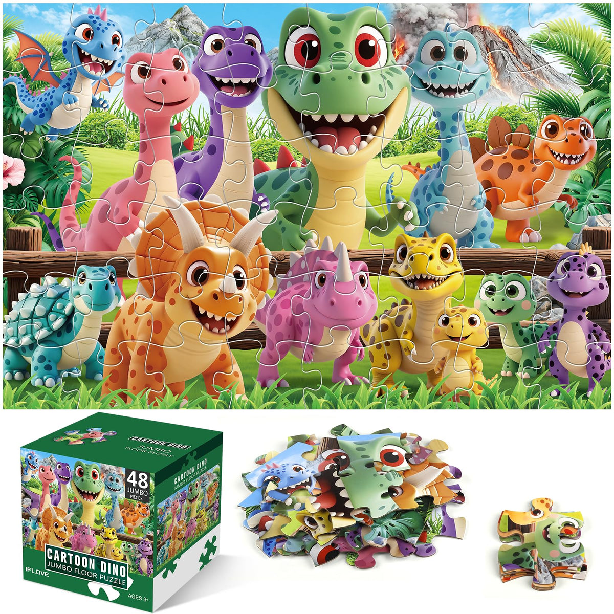 IFLOVE jumbo dinosaur puzzle on floor promotes hands-on play and coordination.