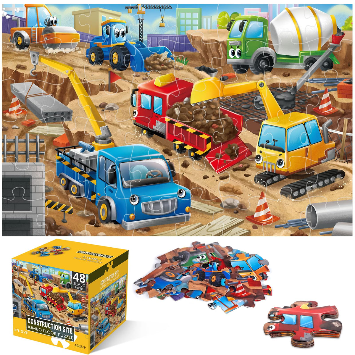 IFLOVE jumbo floor puzzle shows construction site with vehicles to boost hand-eye coordination during play