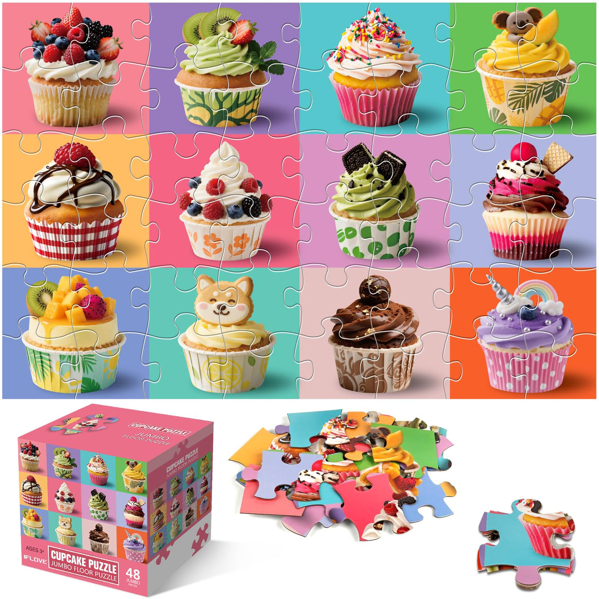 IFLOVE Jumbo Floor Puzzle cupcakes 12 designs boosts early cognitive skills during family play.