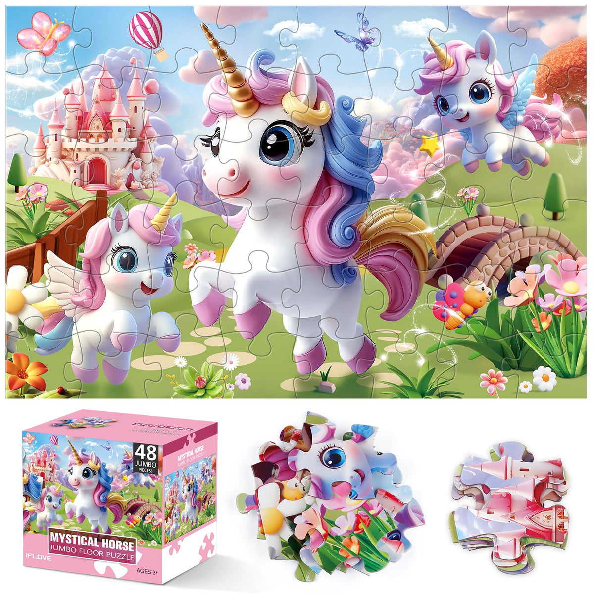 IFLOVE jumbo unicorn floor puzzle showing 48 pieces designed for early learning.