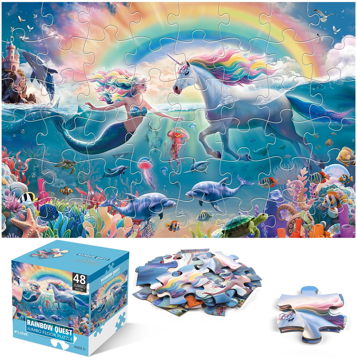 IFLOVE jumbo floor puzzle shows unicorn and mermaid underwater scene, inspiring imaginative play