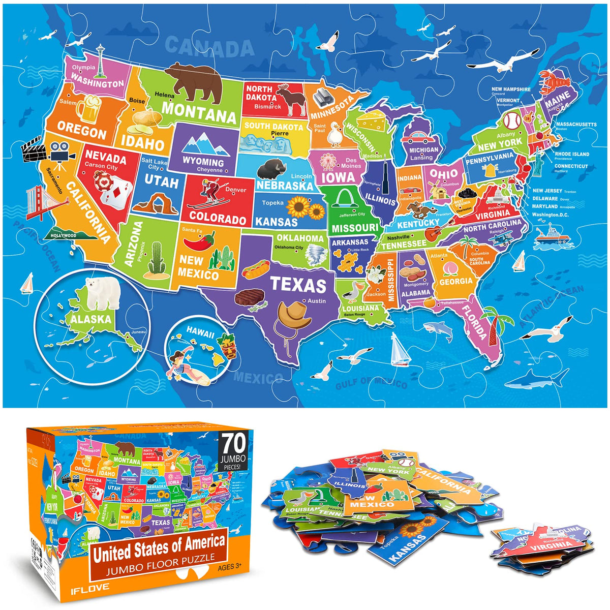IFLOVE jumbo floor puzzle US map 70-piece for interactive geography play