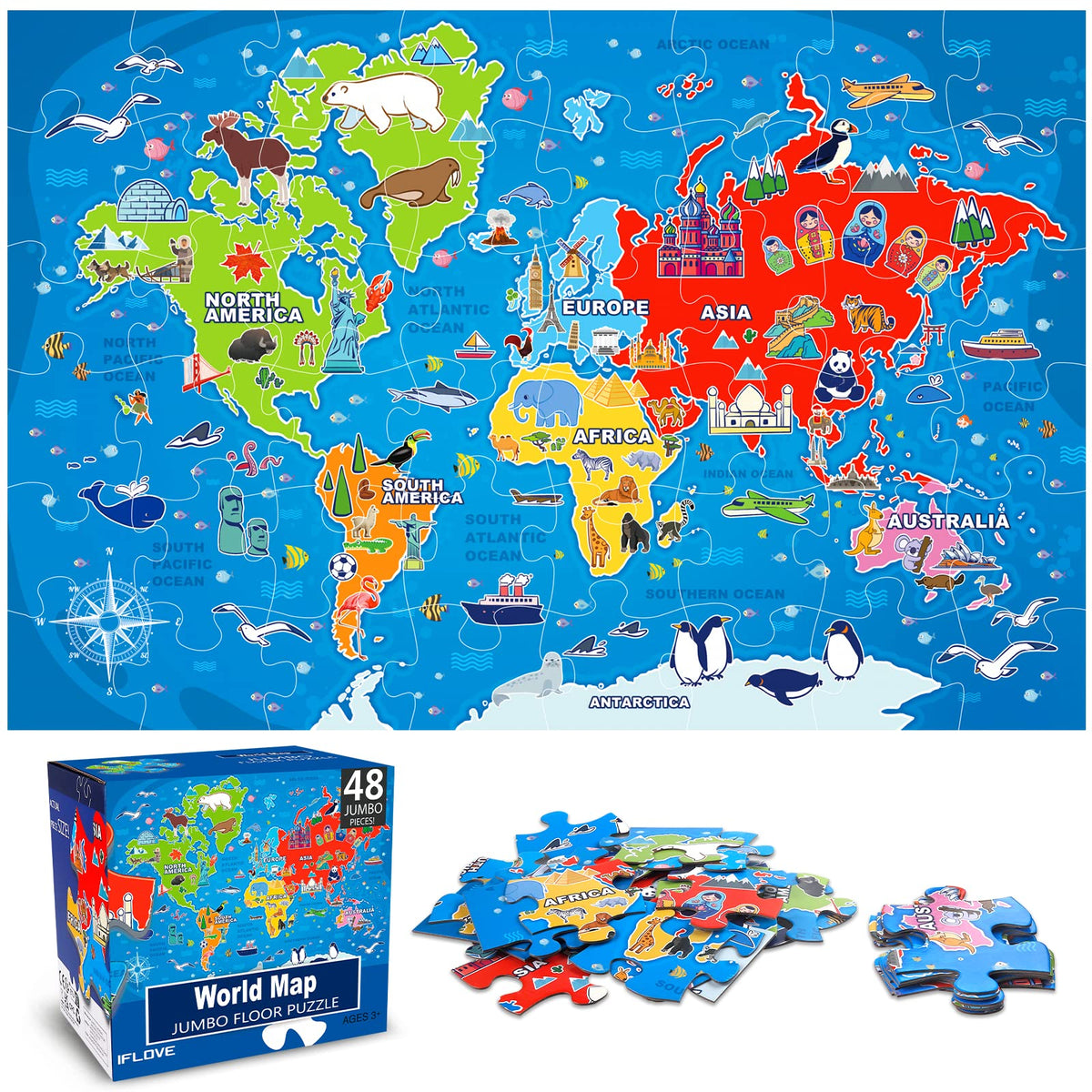 IFLOVE jumbo floor puzzle world map encourages geography play with vivid continents.