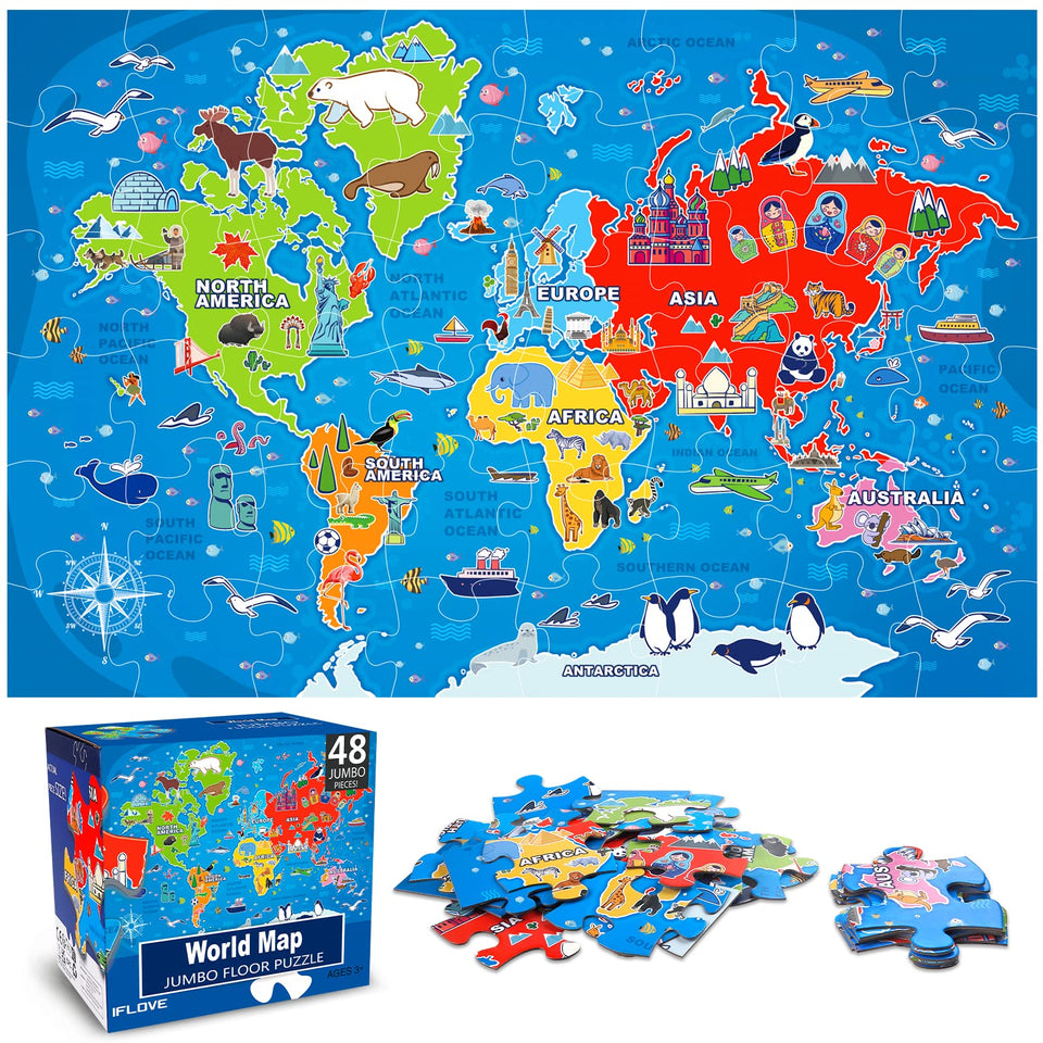 IFLOVE jumbo floor puzzle world map encourages geography play with vivid continents.