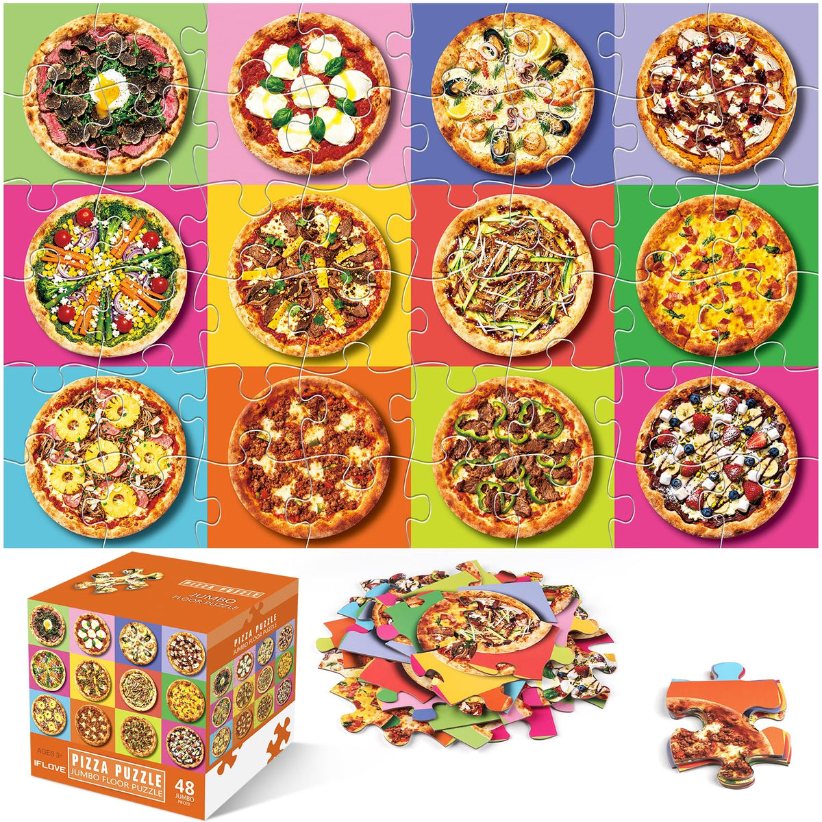 IFLOVE Jumbo pizza floor puzzle pieces in bright colors support early color recognition.