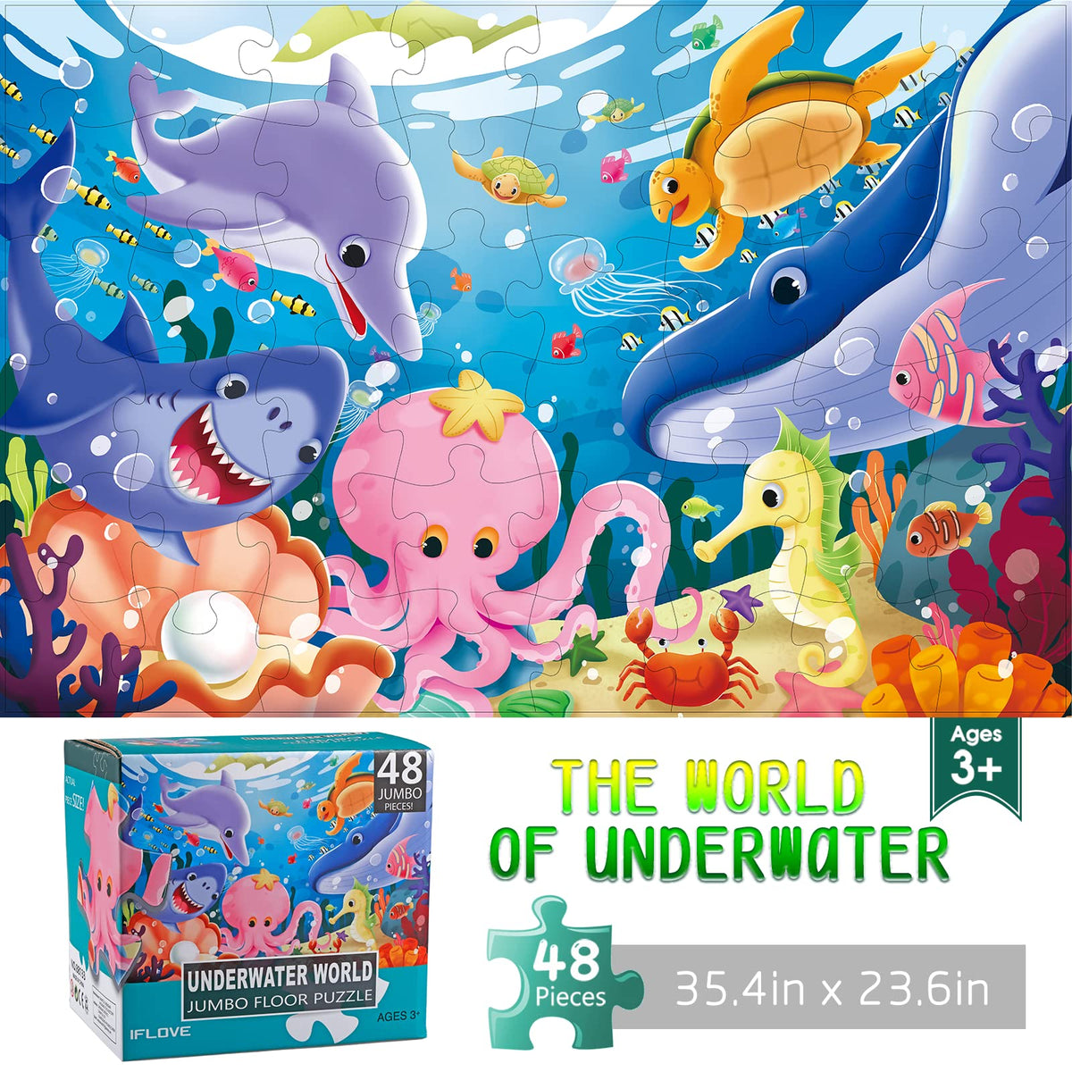 IFLOVE jumbo underwater puzzle shows a vivid family scene, ideal for quiet, screen-free playtime.