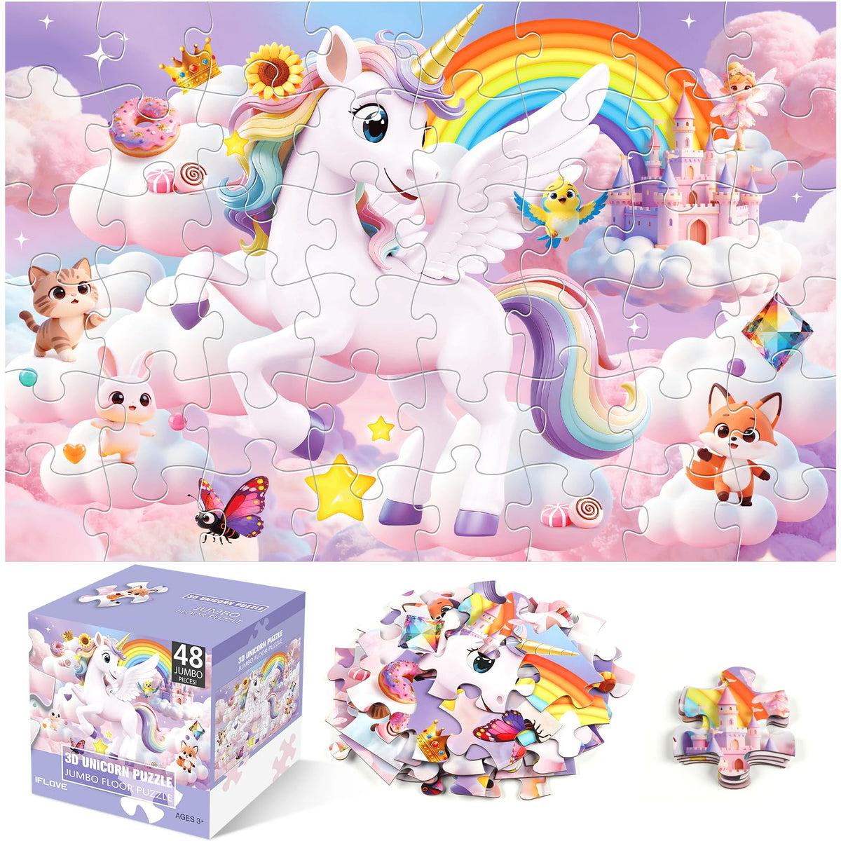 IFLOVE jumbo unicorn puzzle assembled, a vibrant scene inviting calm, focused play.