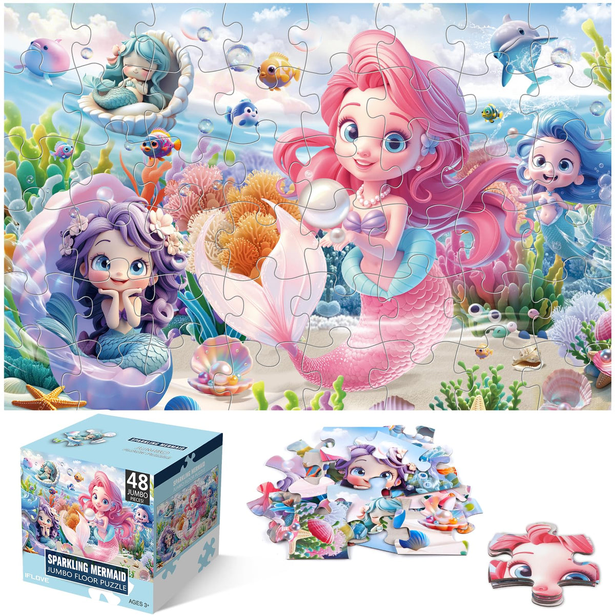 IFLOVE mermaid floor puzzle 48-piece for toddlers, large pieces easy for small hands