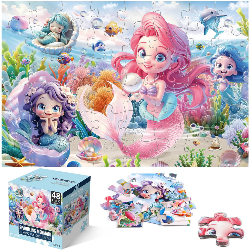 IFLOVE mermaid floor puzzle 48-piece for toddlers, large pieces easy for small hands