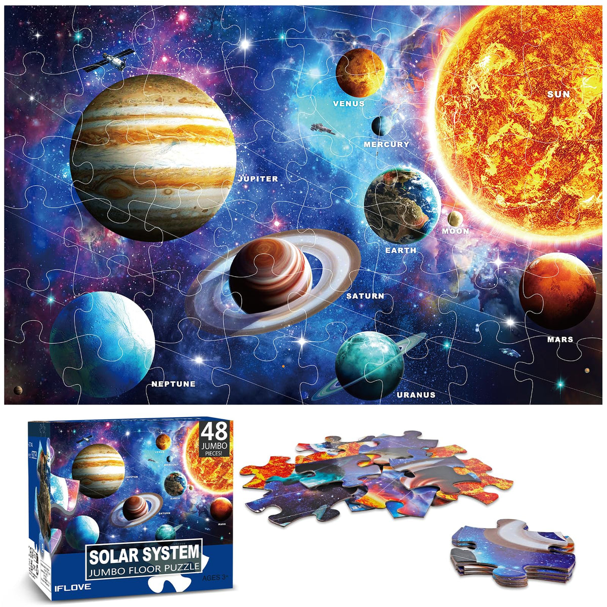 IFLOVE solar system puzzle packaging image, jumbo floor set for kids, great gift for learning through play.
