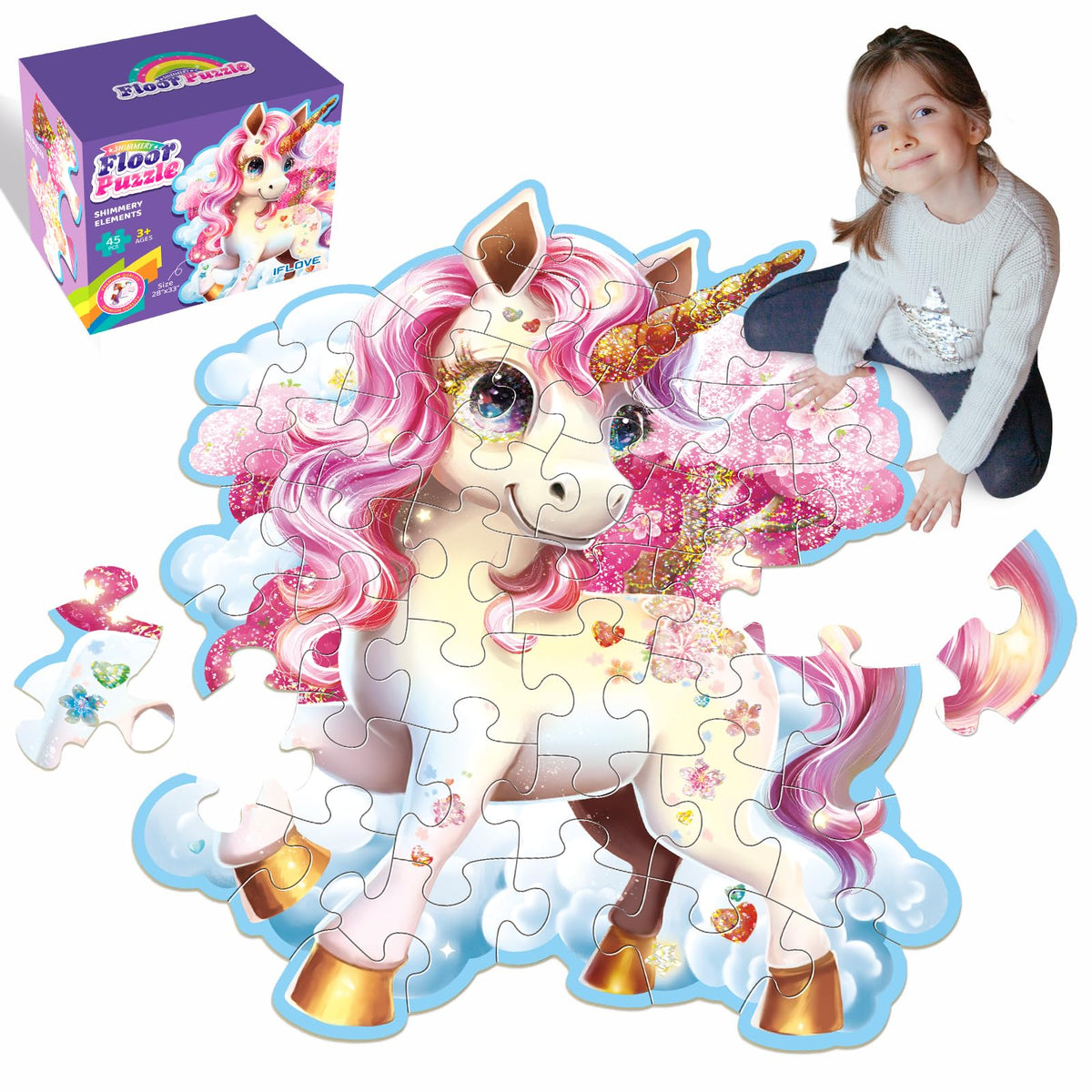 IFLOVE Jumbo Unicorn Floor Puzzle shown on a play mat with large pieces for easy handling.