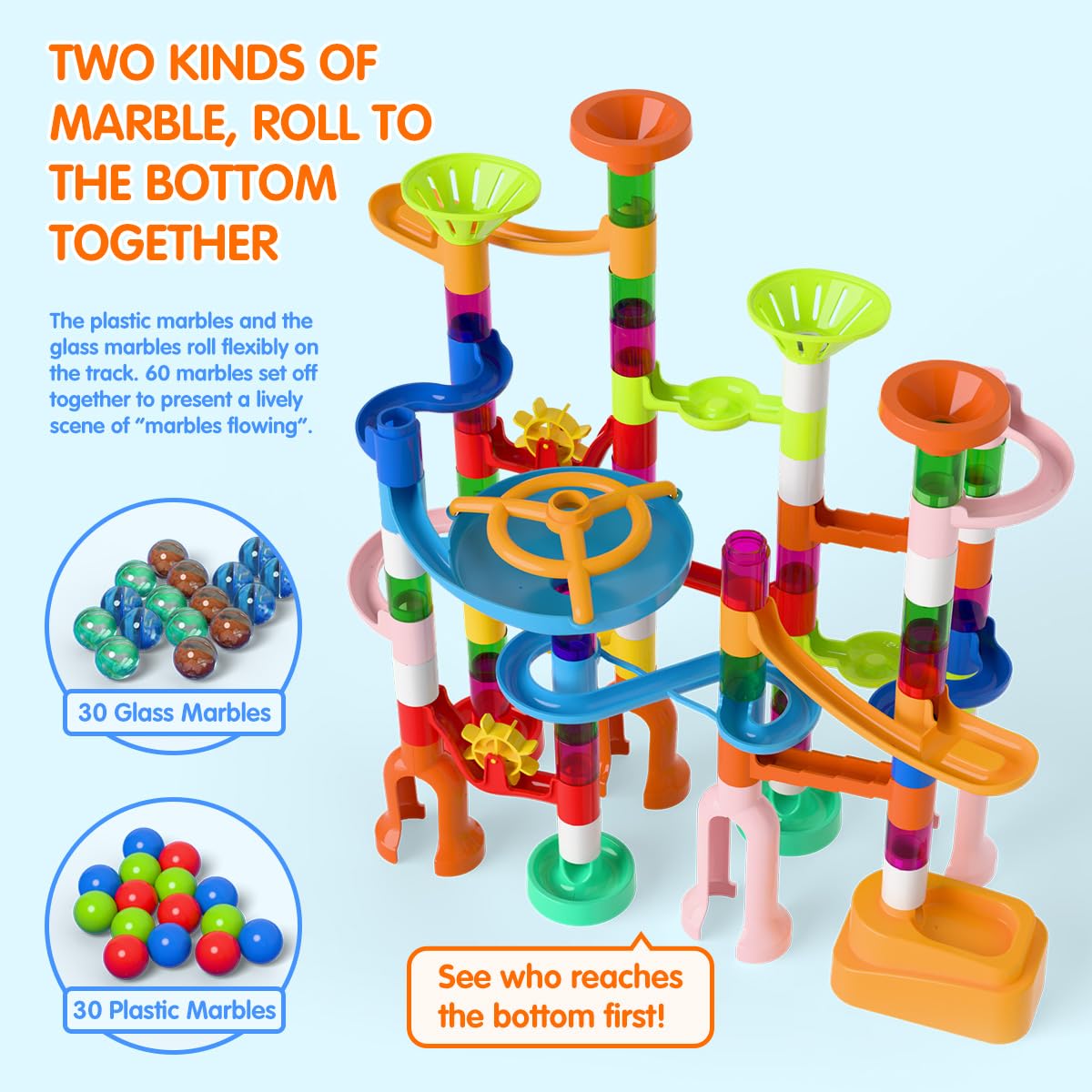 Ifollower Marble Run windmills and funnels add dynamic, multi-track excitement.