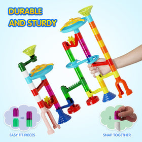 Ifollower marble track race pieces, easy-to-build layouts for cooperative play.