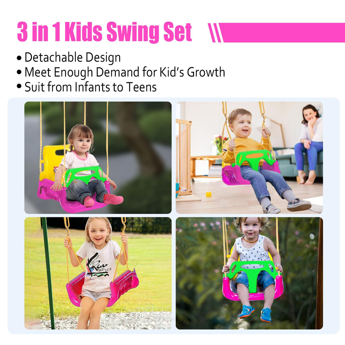 IFOYO pink swing showing front T-bar guard for safety