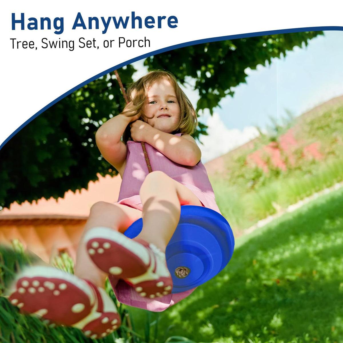 IFOYO Tree Rope Swing Disc blue installation on a sturdy tree for backyard fun.