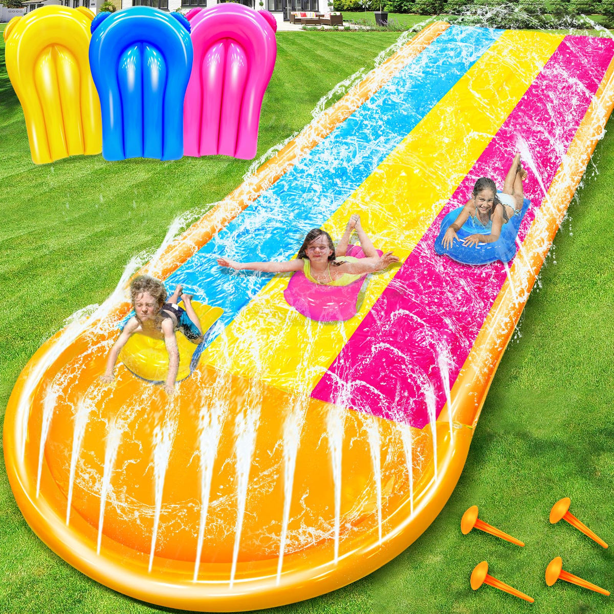 iGeeKid 3-sided safe fence water slide on the lawn, ideal for family-friendly summer play.