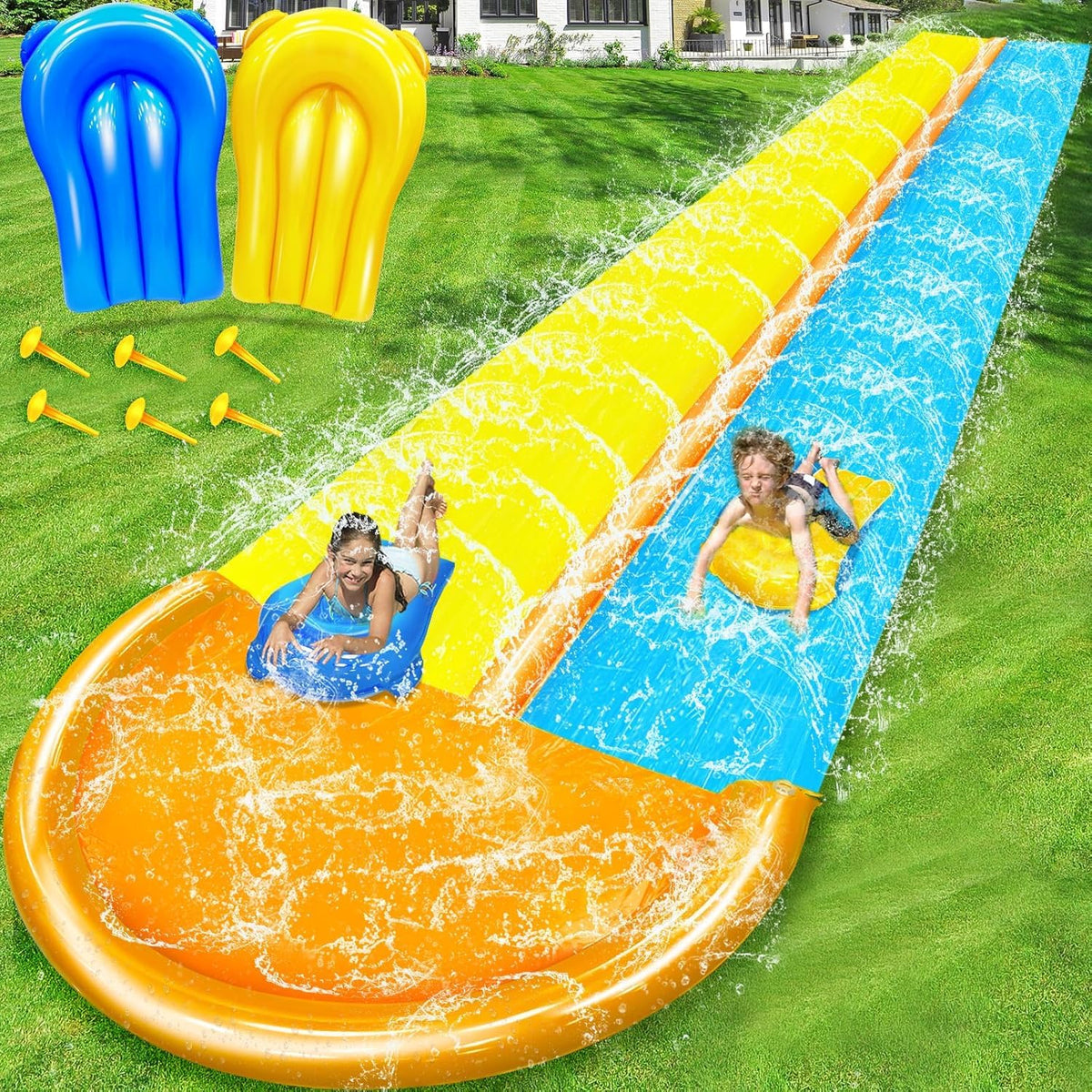iGeeKid 30ft double water slide ready for backyard fun and splash-filled play