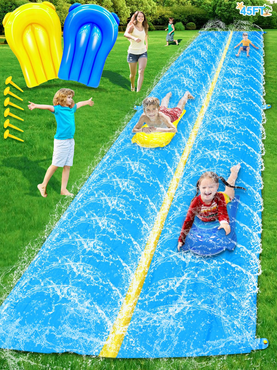iGeeKid 45ft huge slip slide assembly shown in backyard for family fun