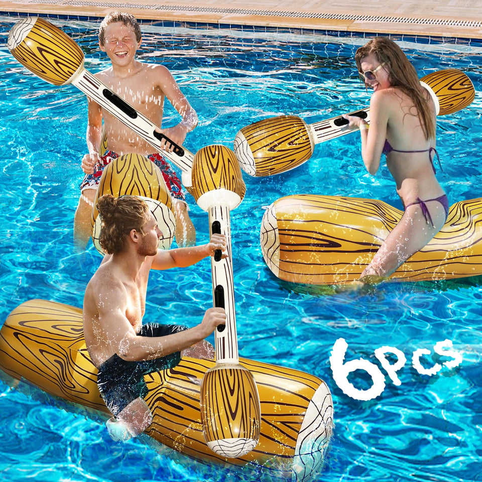 iGeeKid battle log raft overview with 50x14 inch floats for family pool games