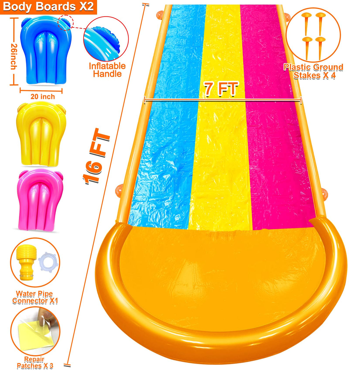iGeeKid extra width triple slip water slide with 3-way sprinklers for splashy backyard fun.