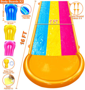 iGeeKid extra width triple slip water slide with 3-way sprinklers for splashy backyard fun.