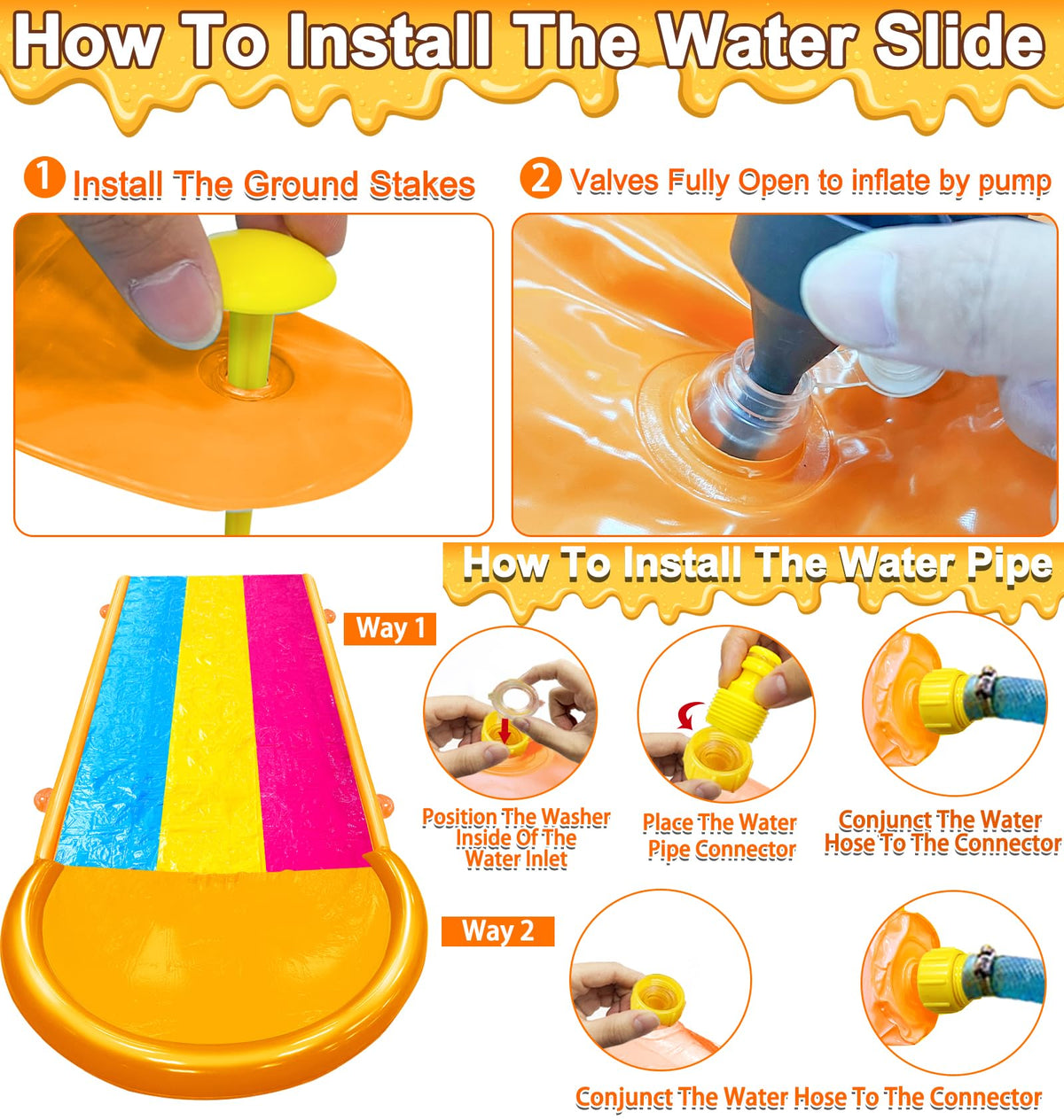 iGeeKid ground stakes and water connector keep the slide secure during play.
