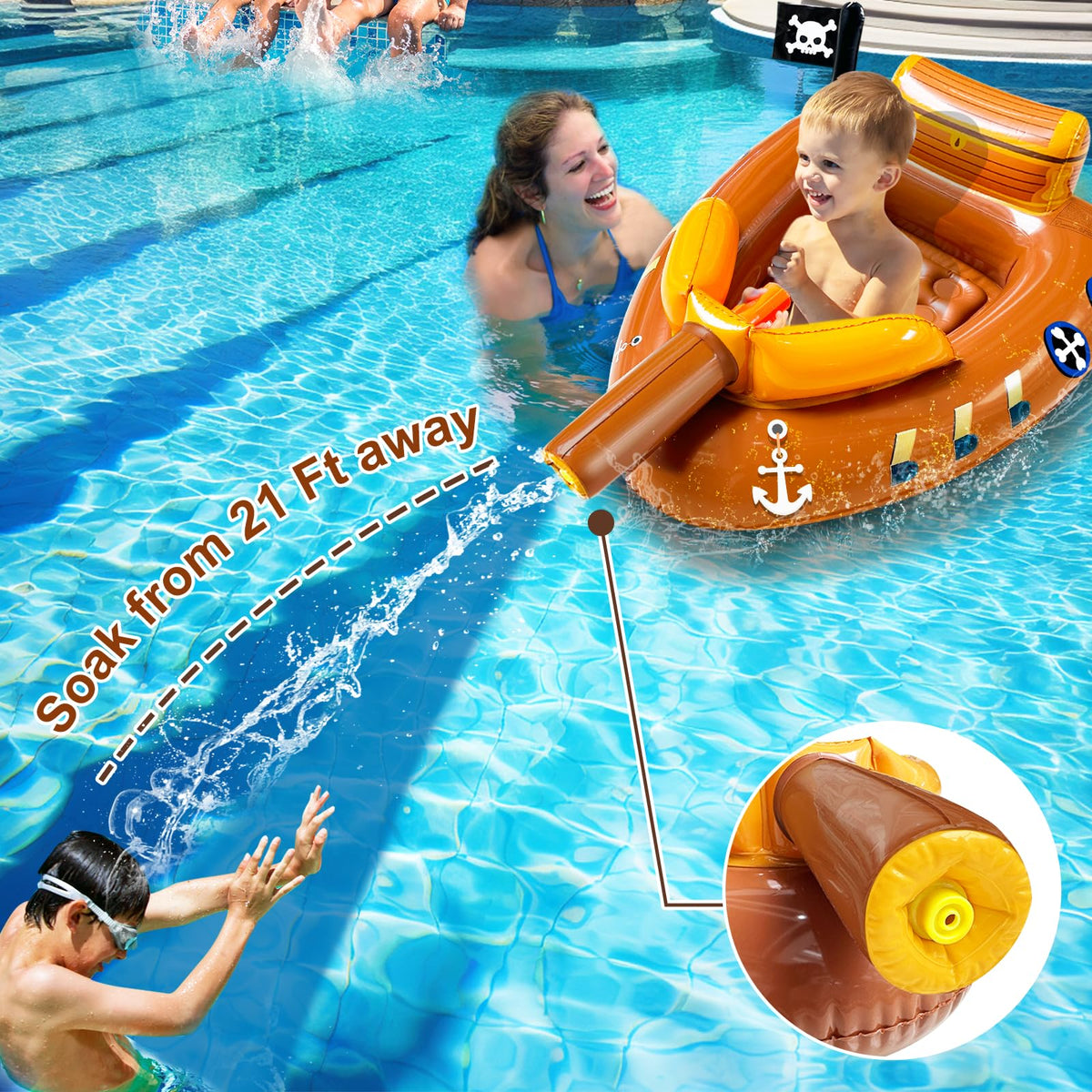 iGeeKid pirate ship float dimensions 39x25 inches for stable use.