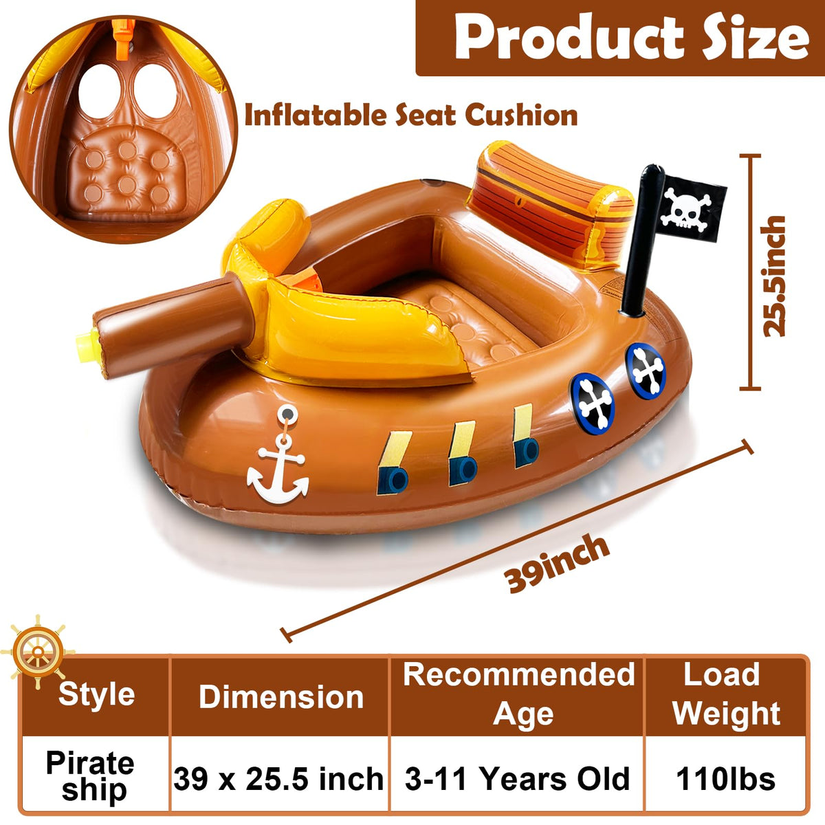 iGeeKid pirate ship float featuring safety seat for secure play.
