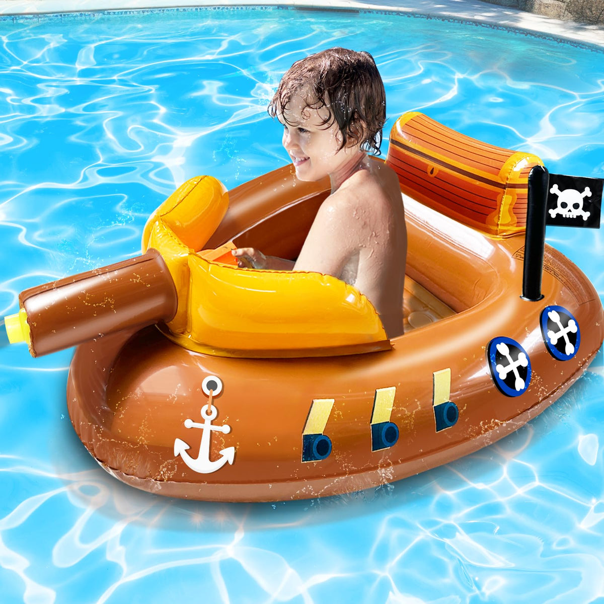 iGeeKid pirate ship float with water cannon for fun pool battles.