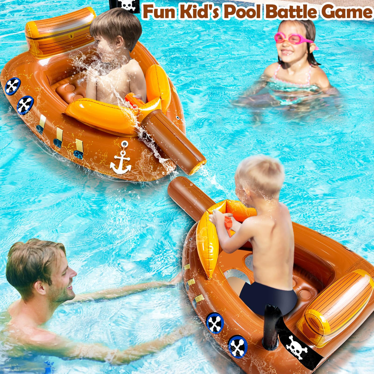 iGeeKid pirate ship float includes water gun and pool pump for spraying.