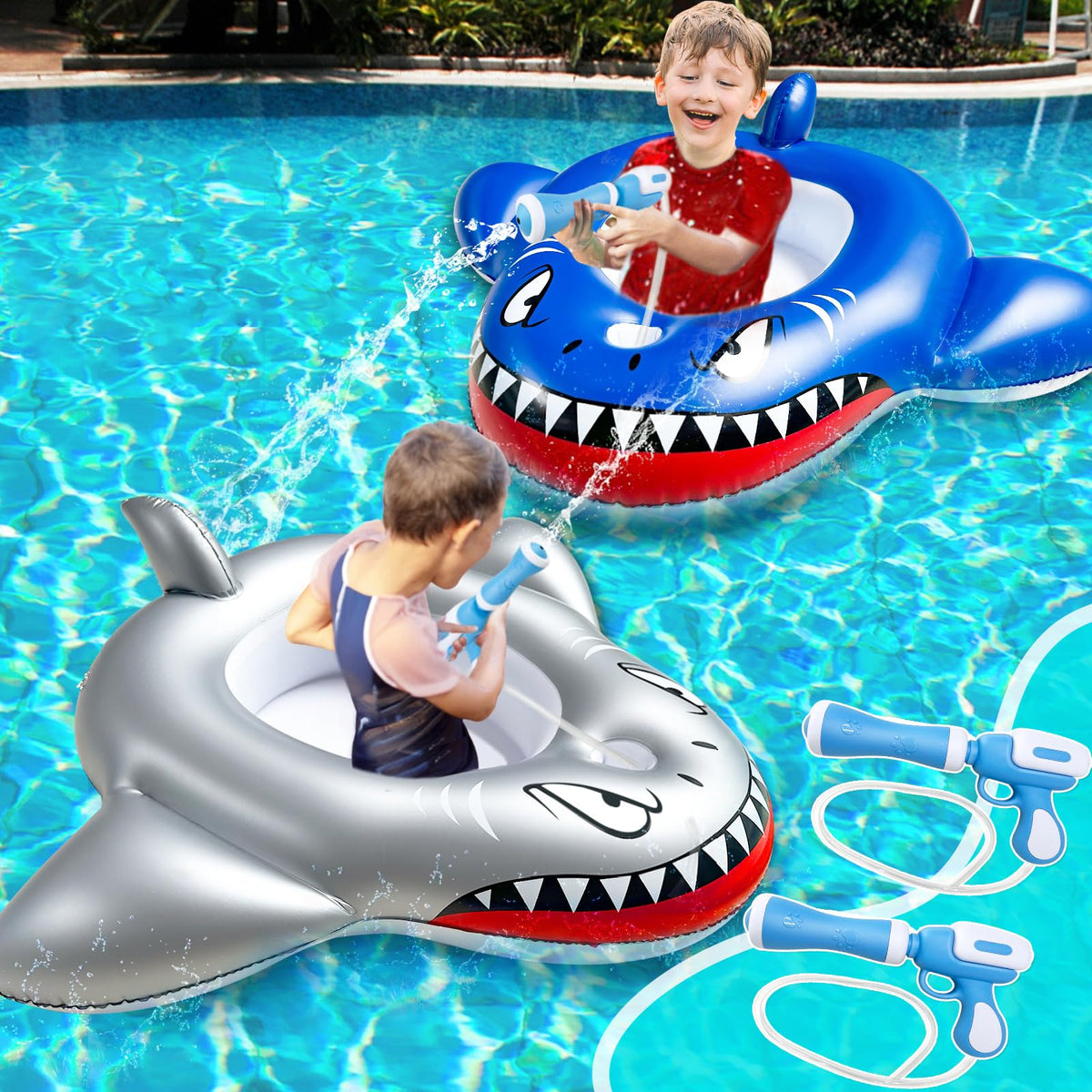 iGeeKid shark pool float blue with water gun for two-player fun