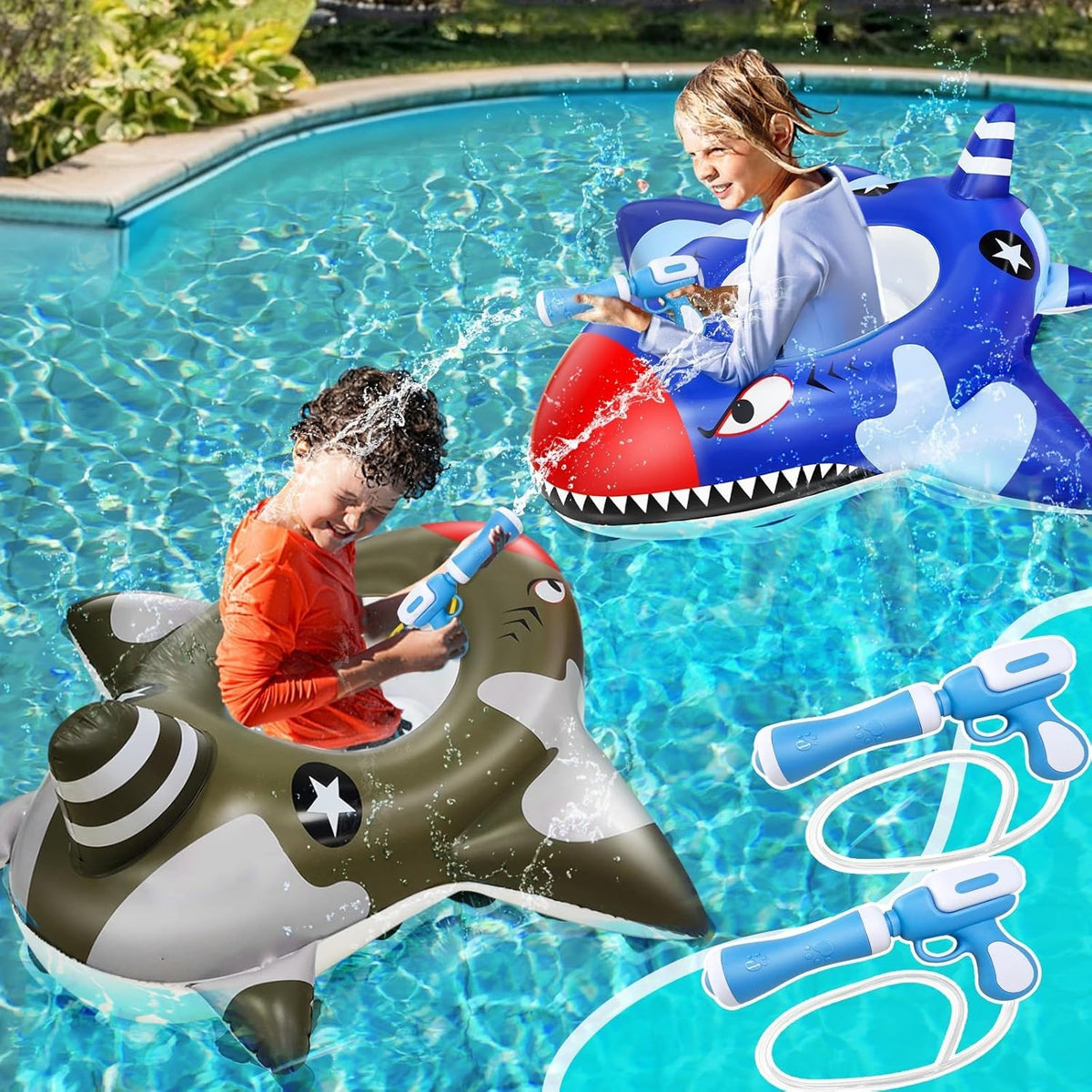 iGeeKid shark pool float blue featuring a safe seat for kids aged 3–8.