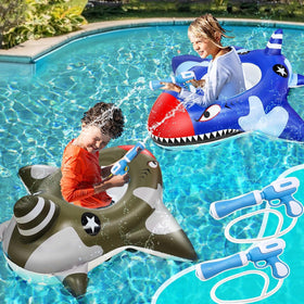 iGeeKid shark pool float blue featuring a safe seat for kids aged 3–8.