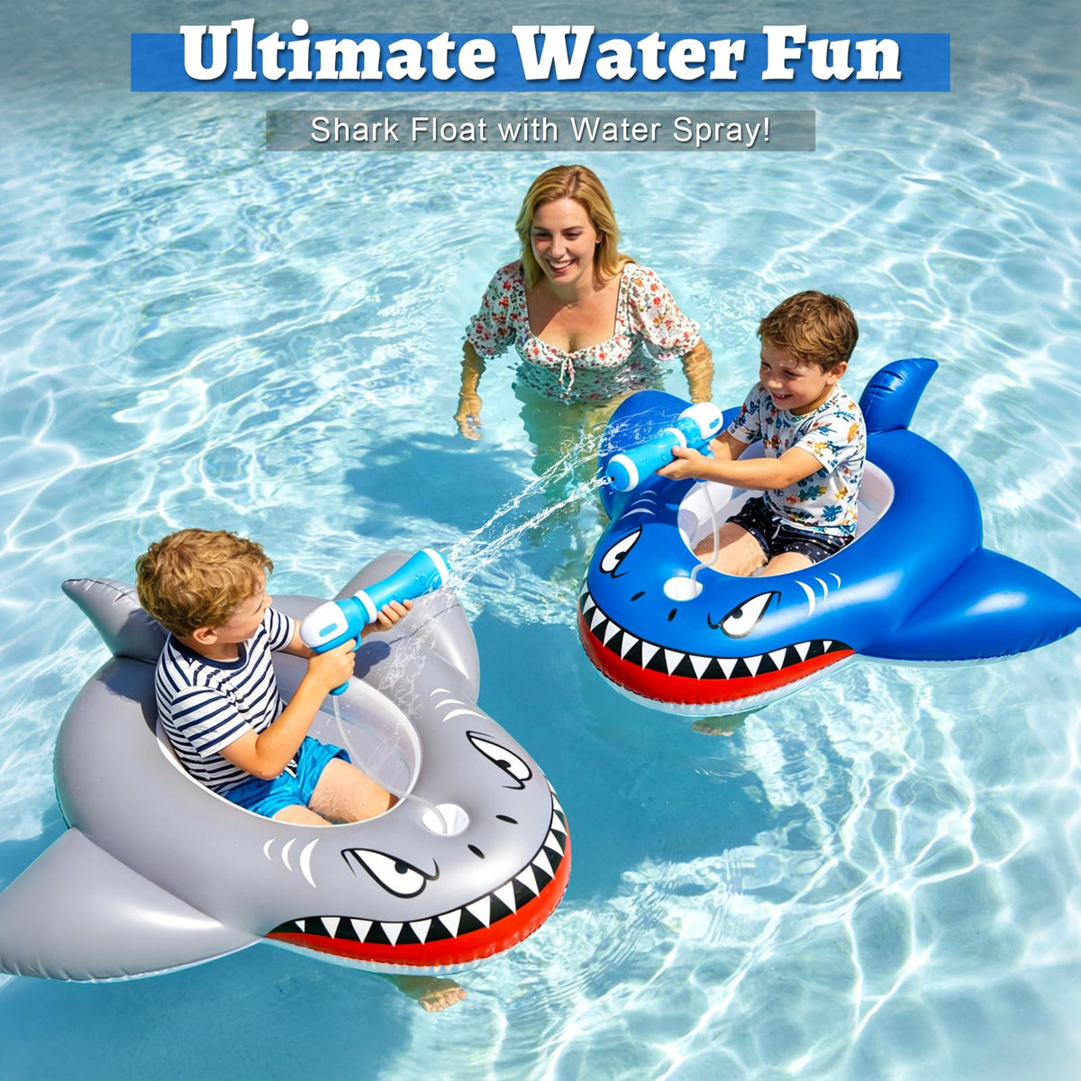 iGeeKid shark float with mounted water guns for splash battles