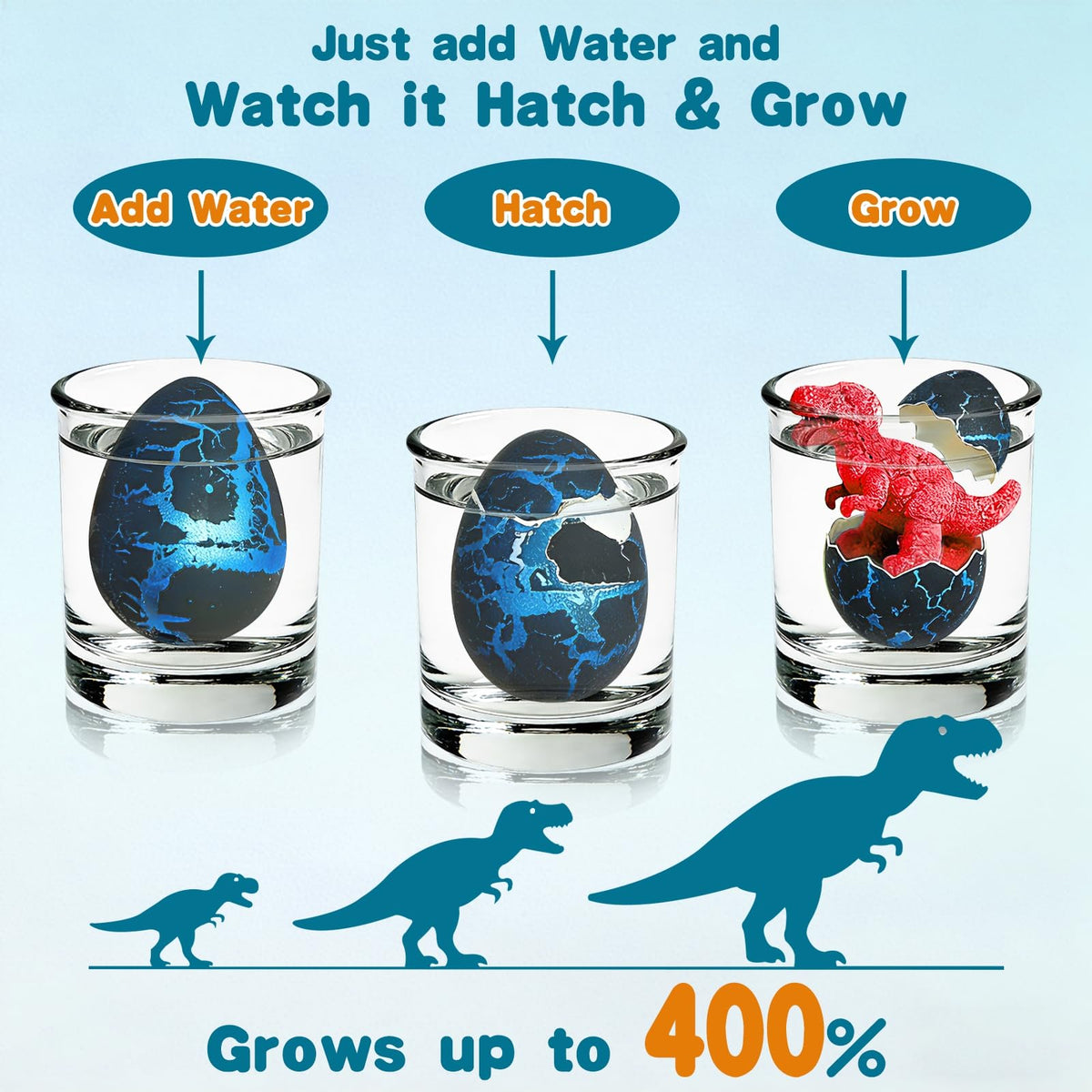 iGeeKid eggs soaking in water to reveal hatchling dinos.
