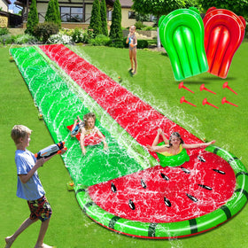 iGeeKid Watermelon Lawn Water Slide with three-sided fence for family fun setup