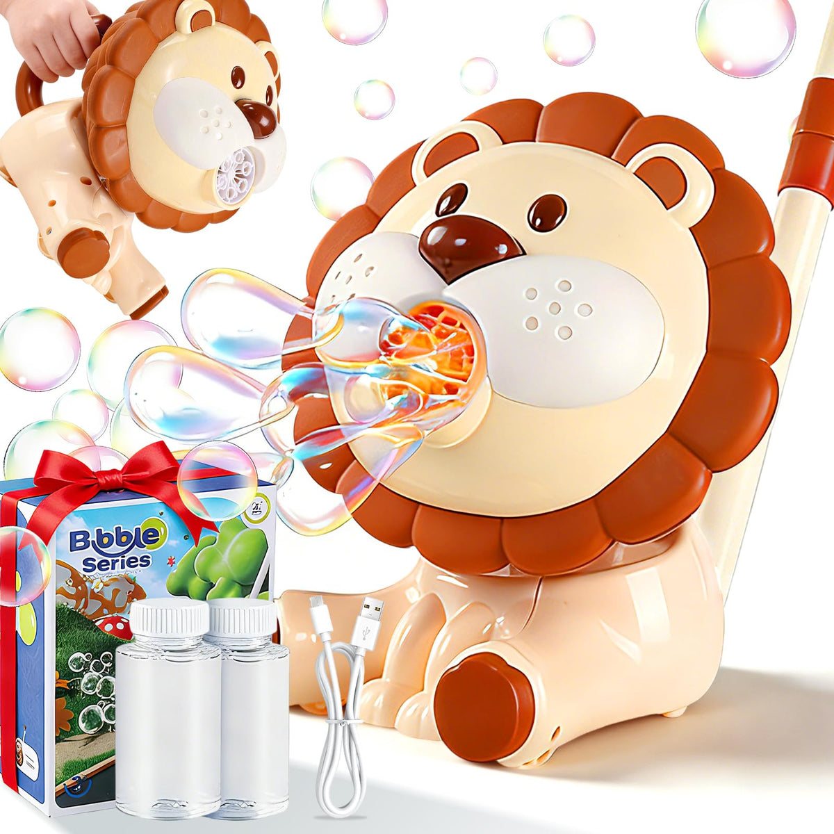 IGINOA Lion Bubble Machine front view for kids, easy outdoor fun.